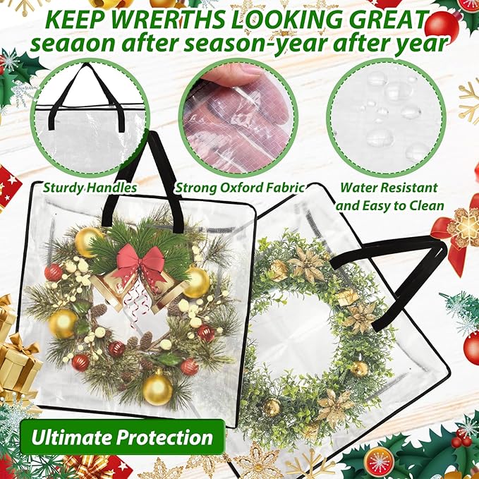 8 Pack Wreath Storage Container, 24 Inch Christmas Wreath Storage Container, Clear Storage Bags with Zipper Sturdy Handles for Seasonal Wreaths, Pillow & Blanket