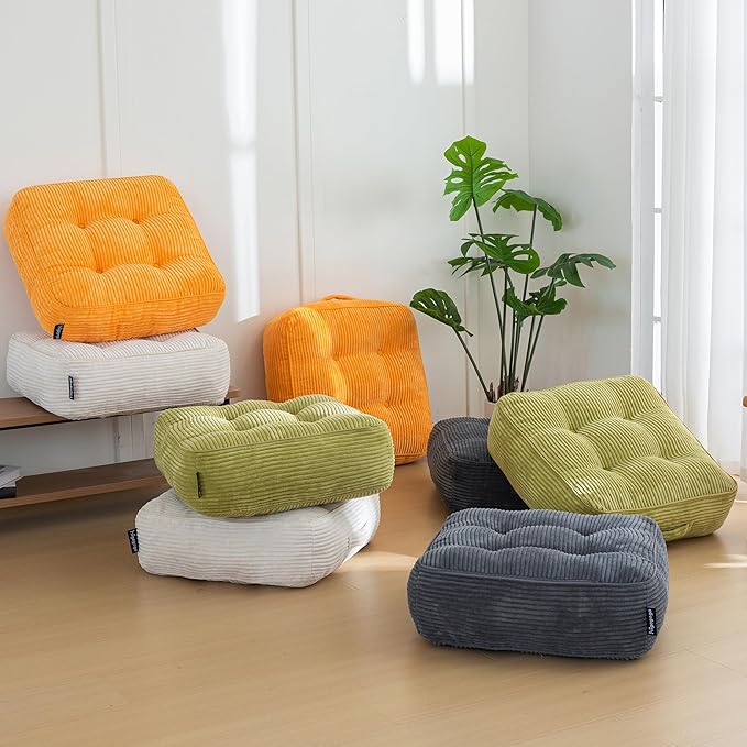 HIGOGOGO 8" Extra Thick Floor Pillow Cushion for Adults, Meditation Cushion Pillow, Large Square Floor Sitting, Tufted Corduroy Cover, for Tatami Living Room or Yoga, 22x22 Inch, 2Pack, Green