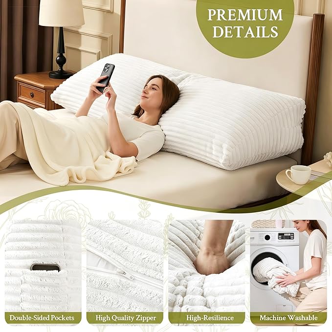 Headboard Pillow King, Headboard Wedge Pillow, Back Rest Pillows for Sitting, Reading, Working, Triangle Pillow with Removable Cover, Daybed Pillows for Bed Dorm Sofa, White