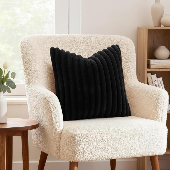 decorUhome Cozy Faux Fur Throw Pillow Covers 22x22 Set of 2 Decorative Soft Plush Striped Modern Farmhouse Boho Couch Euro Sham Pillow Cases with Velvet Back for Sofa Bed Living Room, Black