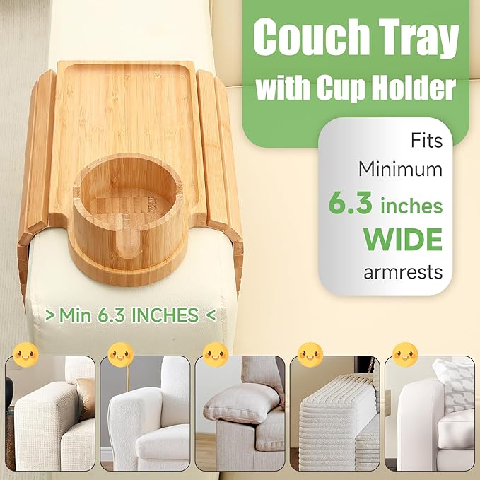 SINWANT Couch Cup Holder Tray,Large Bamboo Couch Armrest Table with Cup Holder,Foldable Anti-Slip Sofa Arm Tray for Coffee Cup,Water Bottles,Mug,Snacks,Remote