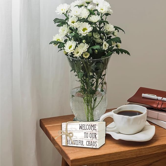 Ycyfckdr Decorative Wood Book Stack for Home, Welcome to Our Beautiful Chaos, Rustic Table and Living Room Bookshelf Farmhouse Decor (L70)