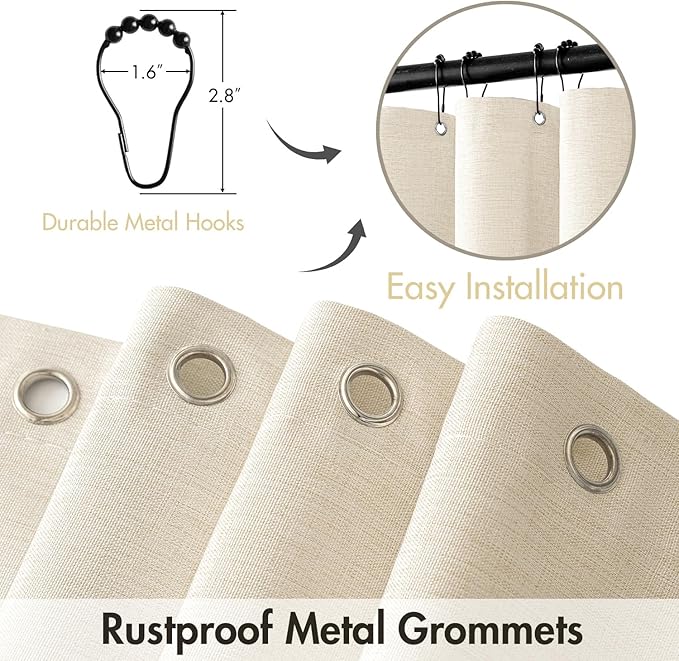MIULEE Ivory Scalloped Shower Curtain Linen Textured with 12 Metal Hooks Cute Heavy Duty Washable Waterproof Thick Cloth Shower Curtains with Black Border for Bathroom Hotel Bathtub,W72*L72