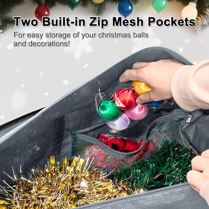 Christmas Tree Storage Bag 7.5 ft, Heavy Duty Artificial Xmas Trees Bag with Reinforced Handles, Dual Zippers Wide Opening, Two Mesh Pockets, Water Resistant for Holiday Tree Storage (Grey)