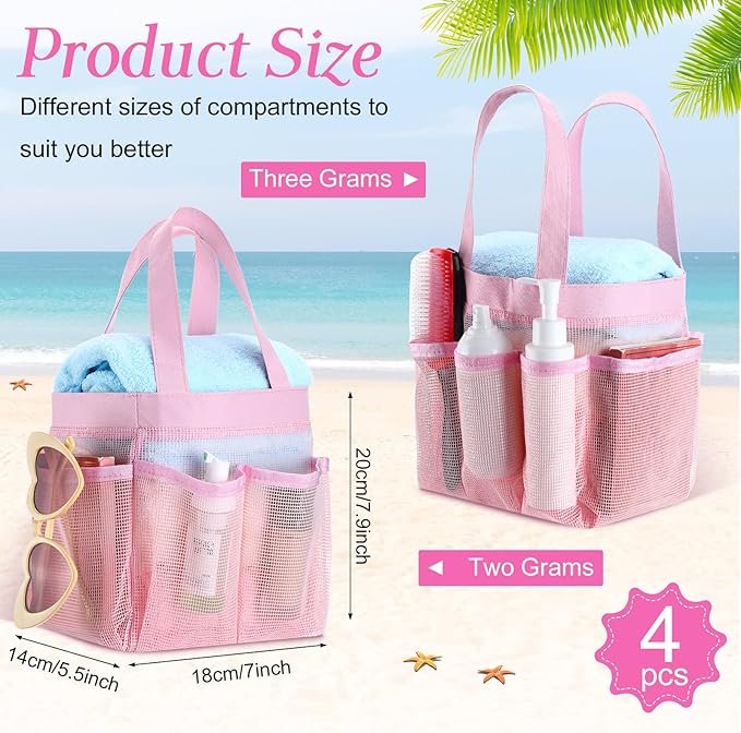 Hillban 4 Pcs Mesh Shower Caddy Portable Shower Caddy for Dorm Beach Mesh Bags with Deeper 8 Pockets and Handles Showers Caddies Basket for Women College Room Vacation(Pink)