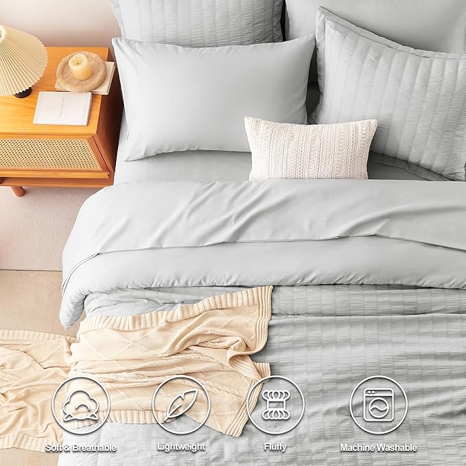 CozyLux Queen Comforter Set Light Grey Seersucker 7 Pieces Bed in a Bag Queen Comforter Set with Sheets, Light Gray Luxury Soft Bedding Set with Down Alternative Comforter, Sheets, Pillowcases & Shams