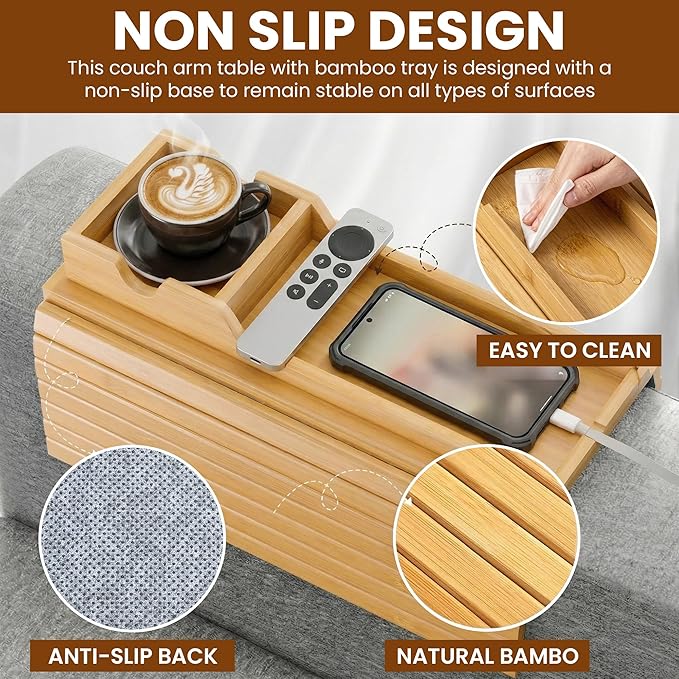 Couch arm tray 3-in-1 Bamboo Sofa Armrest Table, Adjustable 4.5"-14" Non-Slip Couch Cup Holder Tray Table, Foldable Armchair Tray for Drinks, Snacks, Phone & Remote, Space Saving Sofa Tray