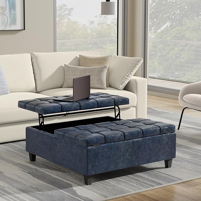 SIMPLIHOME Harrison Large Coffee Table Storage Ottoman - 40 inch Wide Upholstered Vegan Leather Square Lift-Top Ottoman in Denim Blue, Transitional Bench for Living Room with Sturdy Base