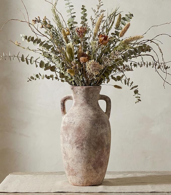 Ceramic Flower Vase with Handles,12" Neutral Tall Clay Terracotta Vases Farmhouse Table Vases with Handle Living Room Decor Rustic Pottery Pots for Home Shelf Coffee Dining Desk Fireplace