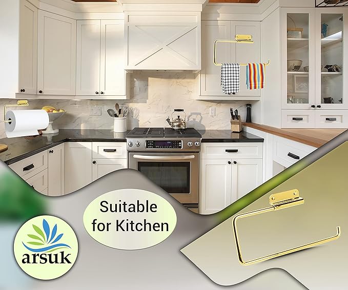 ARSUK Stainless Steel Paper Towel Holder – Wall Mounted or Under Cabinet – Rustproof Kitchen Roll Organizer for RV, Bathroom, Garage – Screws Included – 11.4 x 4.7 inch (Brass)