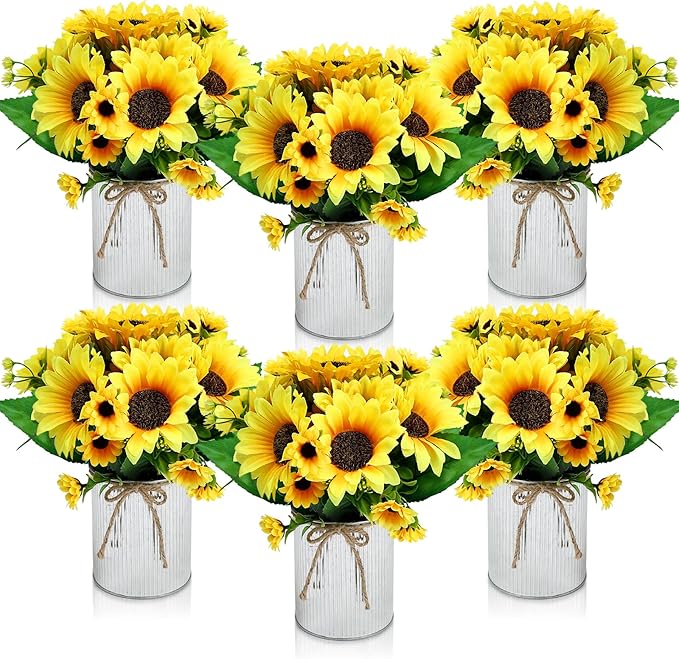 Artificial Sunflower Table Centerpieces - Set of 6 Faux Spring Summer Sunflowers Arrangements with Rustic Metal Vase for Kitchen Office Bathroom Home Farmhouse Wedding Party Decorations
