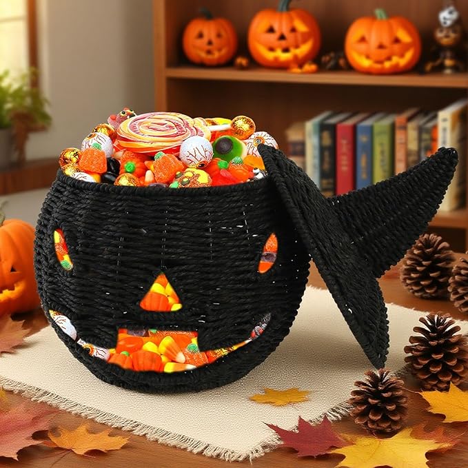 Halloween Candy Basket Handwoven Pumpkin Decors User Friendly Iron Frame Sturdy Storage for Homes Party School