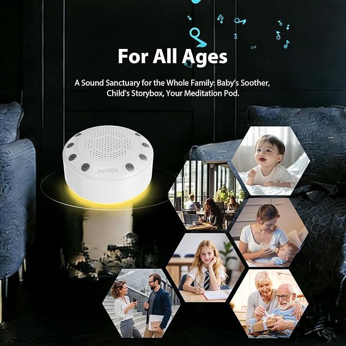 S318 White Noise Machine, Portable Sound Machine for Sleep with Bluetooth, 25 Non-Looping Sounds, 11-Color Night Light, Memory & Timer, USB-C Powered, for Baby Kids Adults Home Office Travel