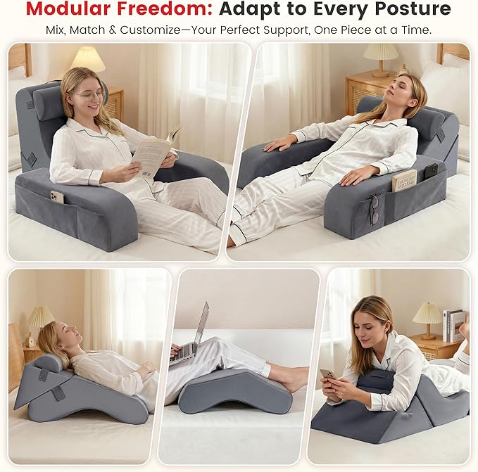 Homkdom Reading Pillow for Sitting in Bed Adult, 20" Back Pillow for Bed Sitting up with Armrests & Storage Pockets, Ergonomic Wedge Pillow for Watching TV, Gaming, Working, Recovery, 5PCS, Grey