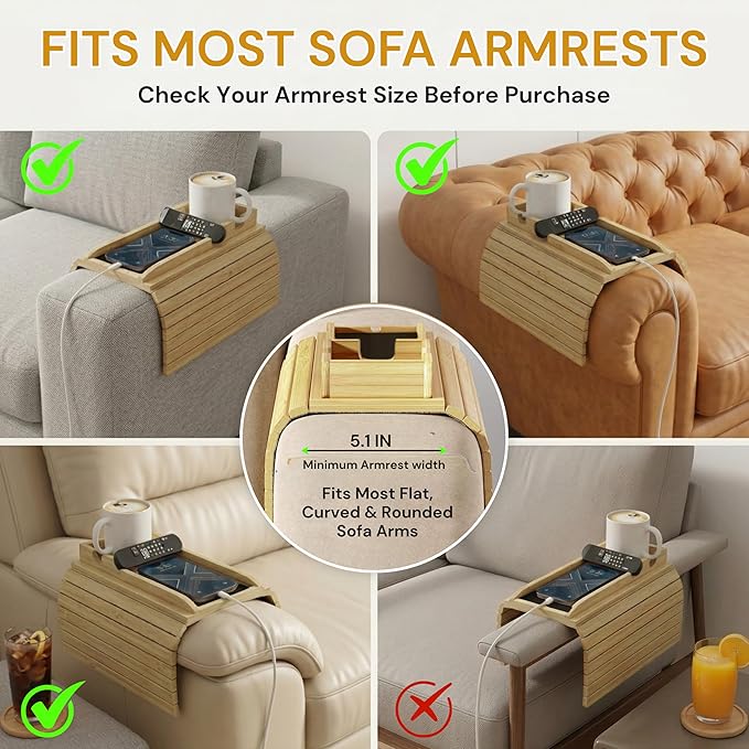 4-in-1 Detachable Bamboo Couch Cup Holder & Arm Tray with 2 Wooden Coasters, Anti-Slip Sofa Arm Tray, Foldable Couch Armrest Table, Organizer for Drinks, Snacks, Remote & Phone