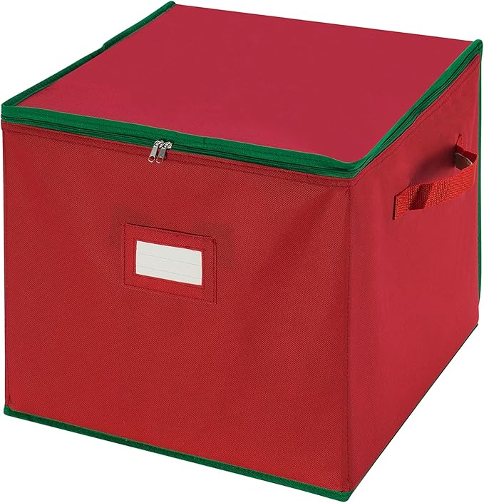 Tiny Tim Totes Christmas Storage Box with Zip Top, Large Ornaments storage box, holds up to 75 ornaments, Red