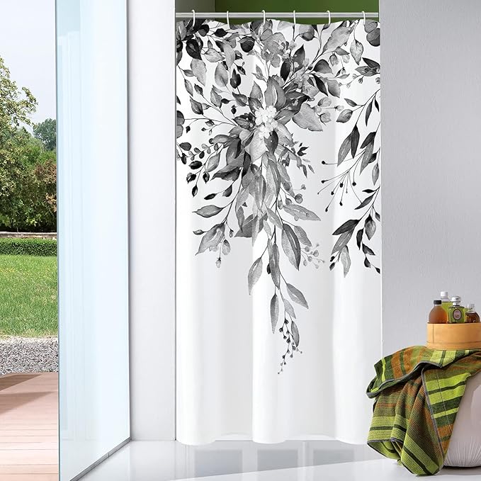 Gibelle Small Stall Shower Curtain 36 x 72, Narrow Black and White Floral Shower Curtain, Watercolor Plant Eucalyptus Leaves Fabric Shower Curtain Set