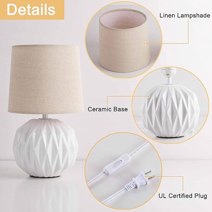 White Ceramic Table Lamp, Geometric Textured Small Bedside Lamp with Linen Shade, Mid Century Modern Nightstand Lamp for Bedroom Living Room Reading Room, H 12" x W 6.7", 7W LED Bulb Included