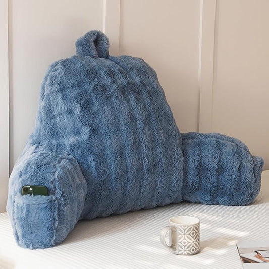 Yaoshuho Faux Fur Reading Pillow for Sitting in Bed, Large Backrest Bed Pillow with Arms, Back Support Pillow for Lounging Bedrest, Dusty Blue