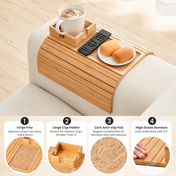 LOVYANXUE Bamboo Couch Cup Holder, Foldable Sofa Arm Tray, Anti-Slip Couch Aremrest Tray Table for Drink, Cup, Remote, Snacks, Cellphone, Portable, Bamboo/Cork Color