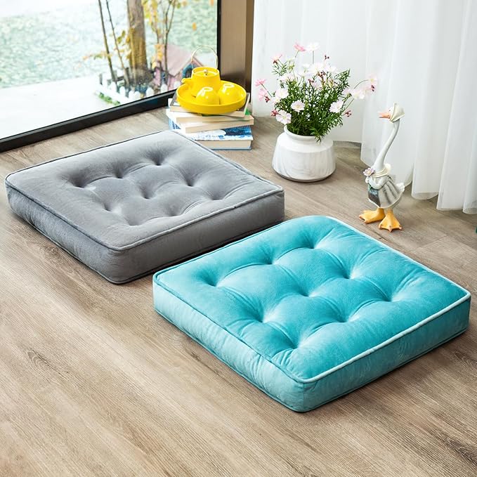 1 MIDDLE ONE Floor Pillow Set of 2, Memory Foam Meditation Cushion, Floor Cushions for Adults Sitting, Large Square Seat Cushions for Yoga, Couch, Sofa, Kids, Living Room, 22x22 Inch (Blue)