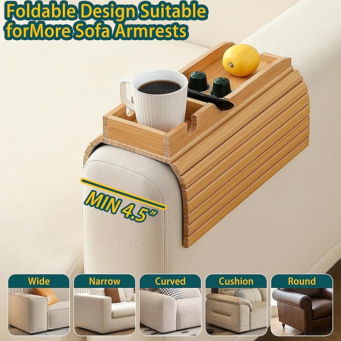 Bamboo Couch Cup Holder Arm Tray Table，Foldable Couch Drink Holder Armrest Table，Sofa Arm Rest Tray，Flexible Arm Chair Table Tray Recliners for Drink,Cups, Snacks, Phone, Remote (Bamboo)