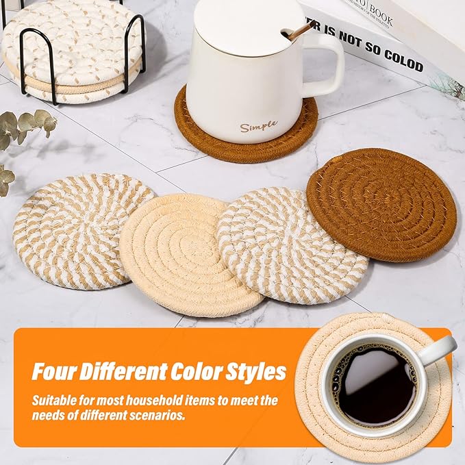 Mckanti Drink Coasters Set of 8, 4 Colors Absorbent Coasters for Drinks, Minimalist Cotton Woven Coaster for Living Room Decor, Fall Home Decor, 4.3 Inches