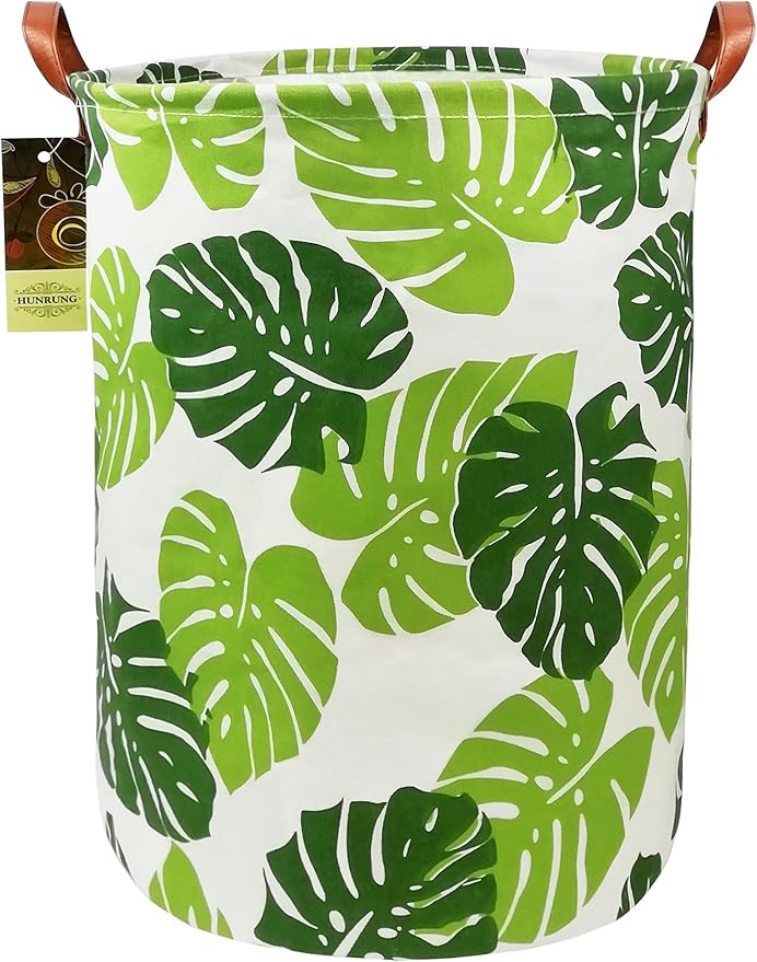 HUNRUNG Collapsible Fabric Storage Basket, Waterproof Laundry Hamper with Handles, Round Storage Bin for Clothes Toys, Foldable Organizer for Bedroom Nursery Bathroom(Round Leaf)