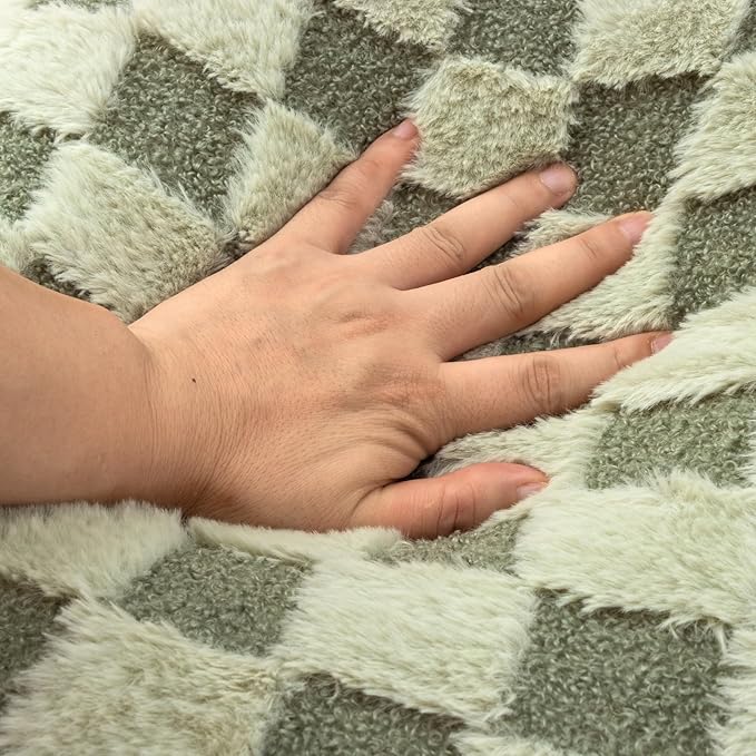A Nice Night Faux Fur Reading Pillow,Checkered Fluffy Grid Plaid,Bed Wedge Pillow Large Adult Children Backrest with Arms for Bedrest,Green
