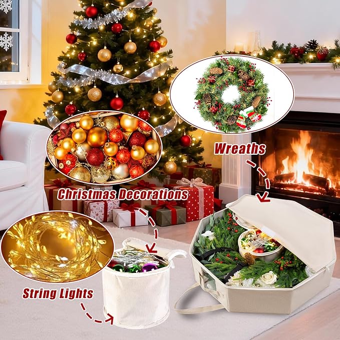 BrilliantJo Wreath Storage Hard Shell Christmas Decorations Case Bag with Interior Pockets 600D Oxford Fabric 24 Inch Xmas Container Box for Holiday Zipper and Handles Labeling Card Slot Houndstooth
