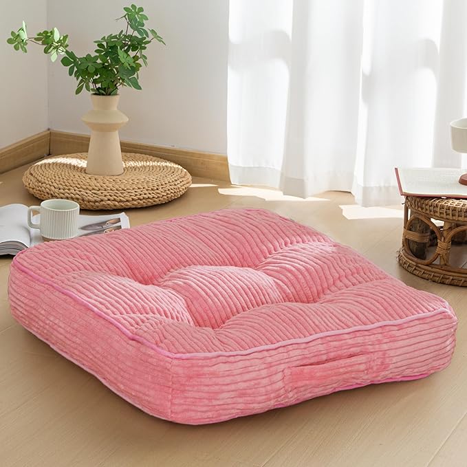 HIGOGOGO Floor Pillow Cushion for Adults, Meditation Cushion Pillow, Large Square Floor Sitting, Tufted Corduroy Cover, for Tatami Living Room or Yoga, 22x22 Inch, Pink