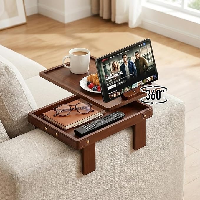 Sofa Armrest Tray with Bamboo - 5.5" - 9.8" Adjustable Couch Arm Table with 360° Rotating Phone Holder and Hidden Storage Compartment for Snacks, Drinks, Remote (Dark Brown)