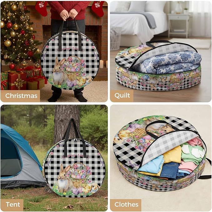 30 Inch Round Storage Bag 2 Pack,Spring Easter Bunny Eggs Flowers Waterproof Wreath Storage Container with Handles&Zipper Black and White Linen Lattice Closet Organizer Bags Garland Box