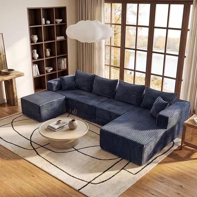 118" Modular Sectional Sofa, Boneless Compressed Sofa in a Box, U-Shaped Cloud Couch with Deep Seats & Chaise for Living Room, No Assembly Required (Blue, 118" U-Shape with Right Facing Chiase) | Boneless Compressed, Sofa in a Box, Cloud Couch, Deep Se...