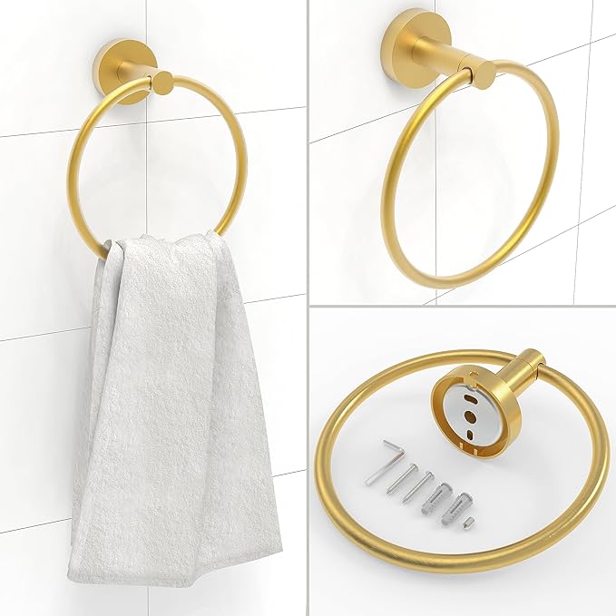 RARXTR 3pc Bathroom Hardware Set with Brushed Brass Toilet Paper Holder & Towel Ring & Towel Bar SUS304 Stainless Steel Toilet Paper Roll Holder Wall Mount & Bathroom Towel Holder & Towel Rack Set