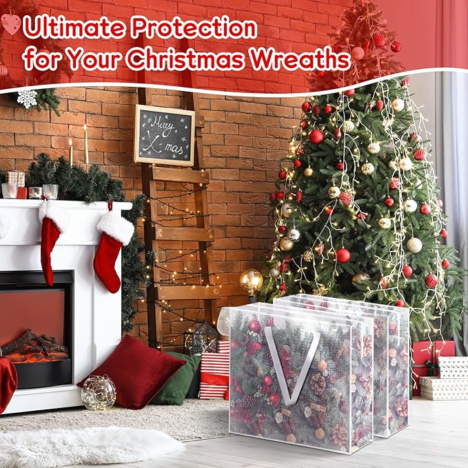 6PCS Christmas Wreath Storage Container, 25" Large Moving Bags Garland Container Clear Storage Bags with Handles Zippers Clear Christmas Storage Bags for Xmas Seasonal Holiday Wreath Storage Wrapping