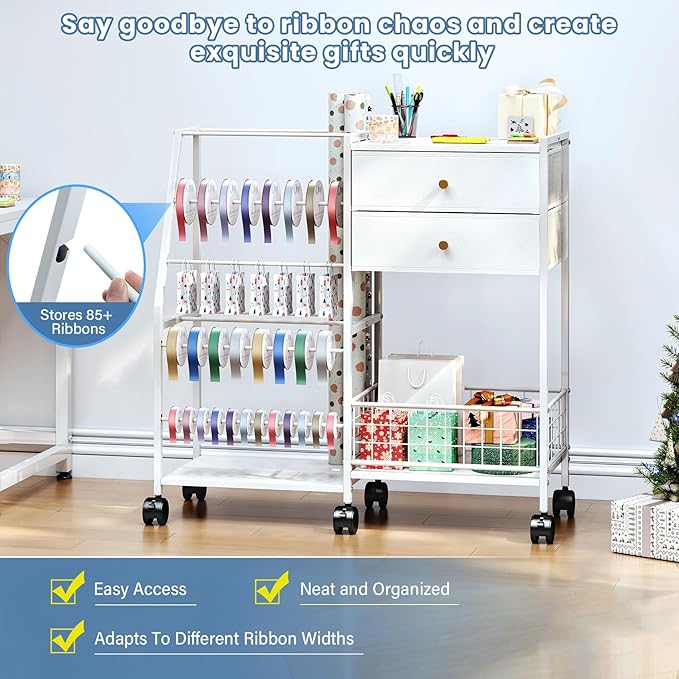 TC-HOMENY Wrapping Paper Organizer Storage Cart,Ribbon Organizer and Gift Wrap Rack with 2 Large Drawers, Blueprint Poster Holder, Craft Organizer, Christmas Paper Storage Containers with Wheels