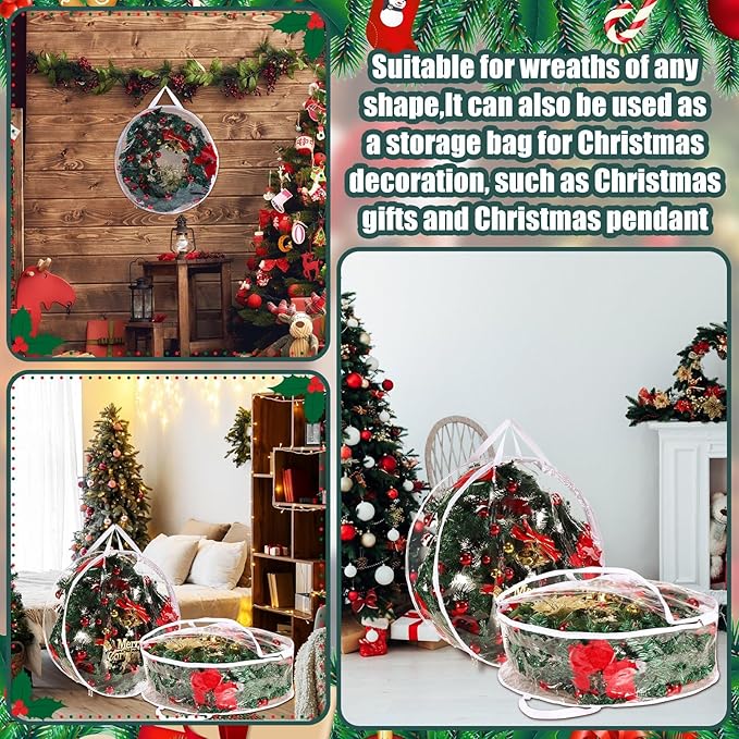 Shappy 4 Pcs 36 Inch Back to School Wreath Storage Container Clear Wreath Storage Bags PVC Waterproof Garland Bags with Clear Window Dual Zippers and Handles for Holiday Artificial Garland (White)
