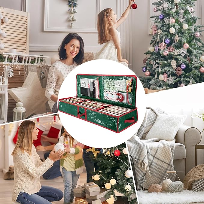 Christmas Wrapping Paper Storage, Oxford Fabric Festive Holiday Wrapping Paper Storage Bin for Living Room, Bedroom, Closet, Rolls, Ribbons, Bow, Organizer