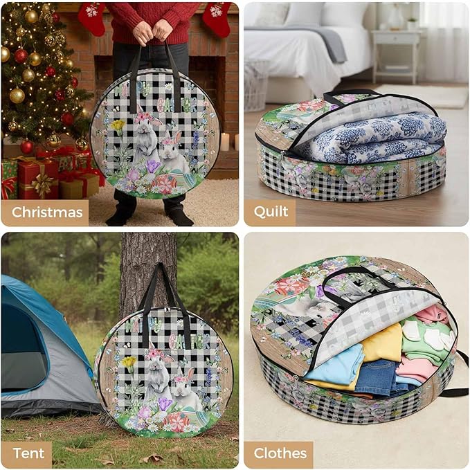 30 Inch Round Storage Bag 2 Pack,Farm Easter Blossom Flowers Bunny Waterproof Wreath Storage Container with Handles&Zipper Black White Buffalo Tartan Closet Organizer Bags Garland Box