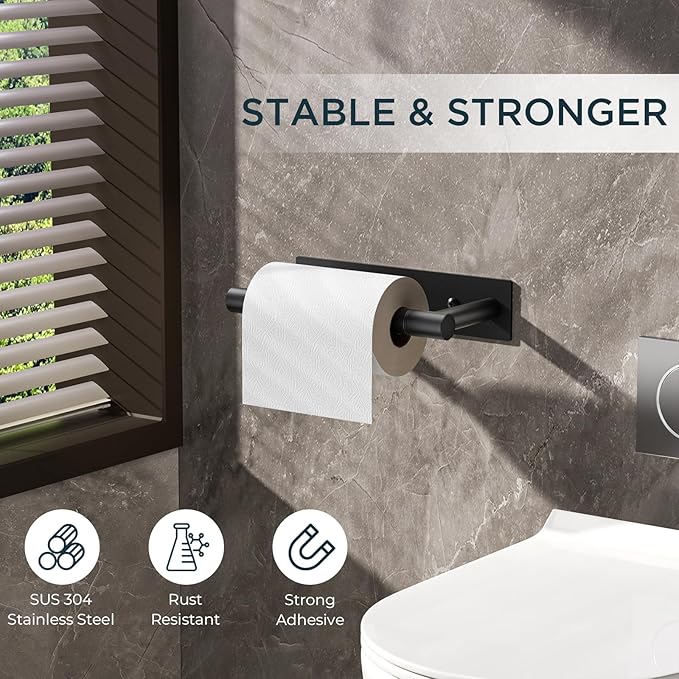 FORIOUS Black Toilet Paper Holder, Adhesive or Wall Mounted Options, Stainless Steel Rustproof Stick on no Drilling Double Post Pivoting Toilet Tissue Roll Holder Wall Mount for Bathroom, Matte Black