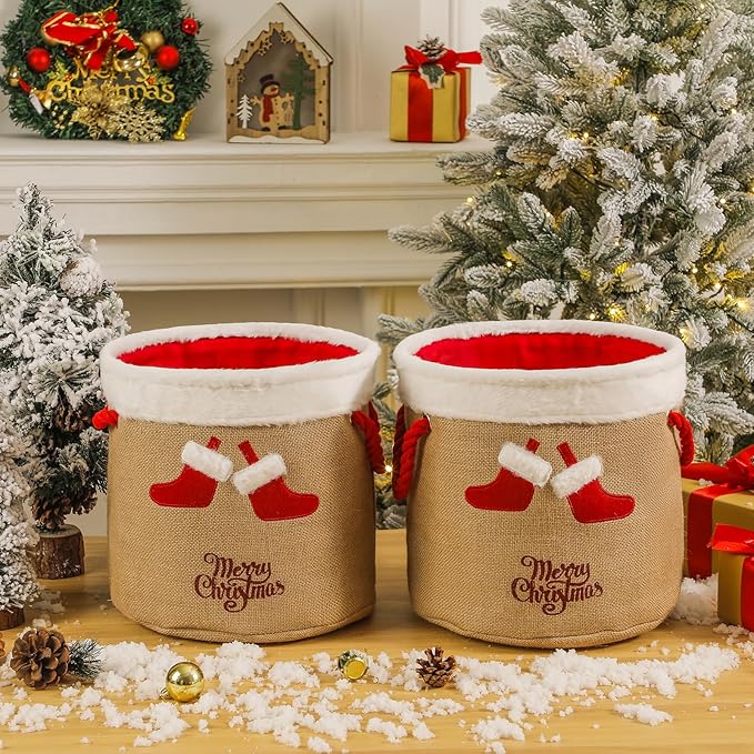Christmas Bucket Xmas Buckets Jute Ornaments Storage Basket for Christmas Game Organizer Tin with Handles, Gift Basket Empty Decorative Kitchen Candy Bars for Xmas Winter Holidays Party Favors