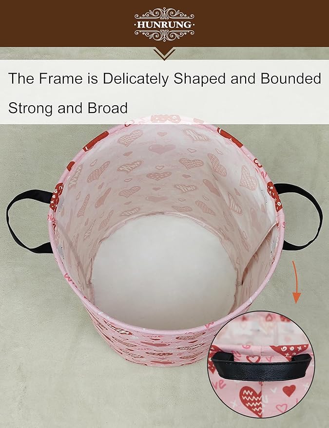 HUNRUNG Collapsible Fabric Storage Basket, Waterproof Laundry Hamper with Handles, Round Storage Bin for Clothes Toys, Foldable Organizer for Bedroom Nursery Bathroom(Round-Pink Love Heart)