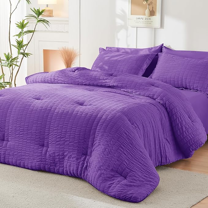 HYMOKEGE Bright Purple Twin Comforter Set Seersucker 5 Pieces, All Season Luxury Bed in a Bag for Bedroom, Bedding Set with Comforter, Sheets, Pillowcase & Sham