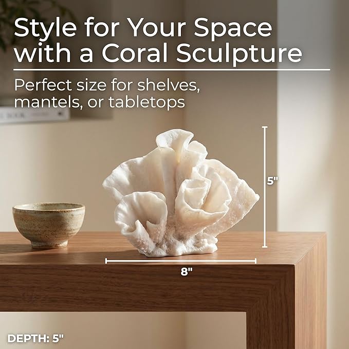 Decorative Coral Inspired Sculpture for Home, Bathroom, Room and Living Room Decor - Resin Ornaments for Shelf & Office Display - Coastal Figurine for Coffee Table Decor - 6", Ivory & Tan