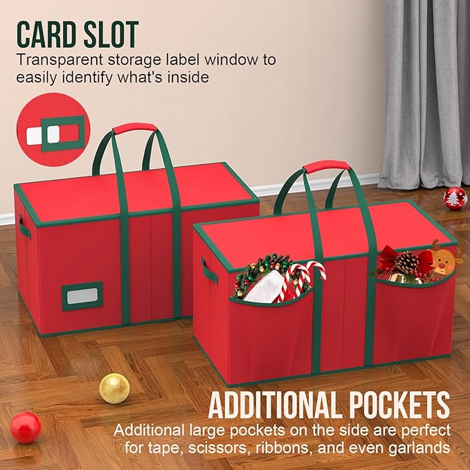 Christmas Ornament Storage Box-Store 128/3" Ornaments, Ornament Organizer Storage box with Dual Zipper Closure Lid & Adjustable Dividers, Large Xmas Decoration Storage Containers, 600D Tear-Proof/Red