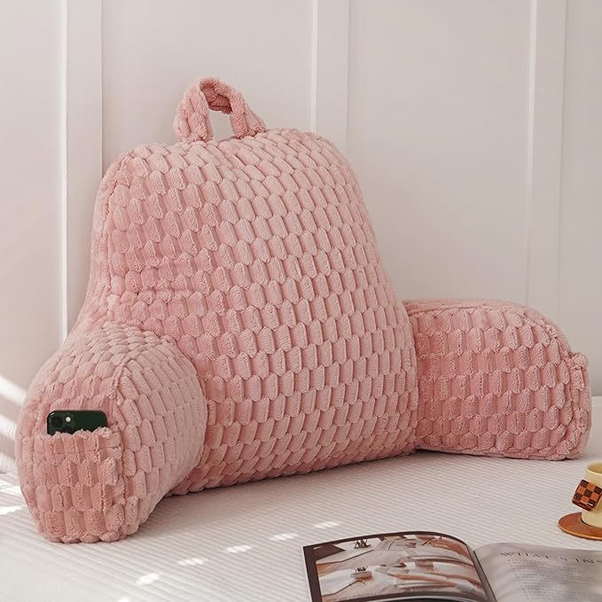 Yaoshuho Fluffy Reading Pillow for Sitting in Bed, Large Backrest Bed Pillow with Arms, Back Support Pillow for Lounging Bedrest, Old Pink