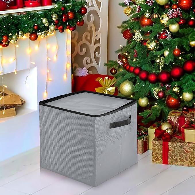 Light Gray Christmas Ornament Storage Basket Box Holiday Storage Container Cube with Adjustable Dividers for 64 Holiday Ornaments or Decorations Keeps Clean and Dry for Next Season