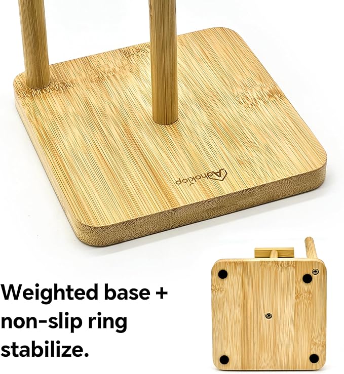 Paper Towel Holder Kitchen Roll Holder, Bamboo Paper Rolls Organizer Countertop with Non-Slip Base
