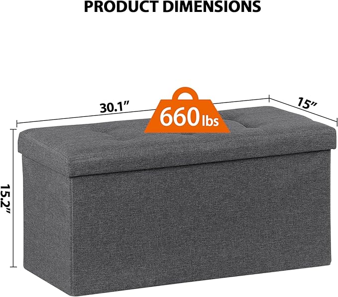 ZenStyle 30Inches Storage Ottoman Bench, Folding Footrest Padded Seat, Storage Chest Long Shoes Bench with Divider, Holds up to 660 lbs, for Living Room, Entryway, Bedroom, Dark Gray